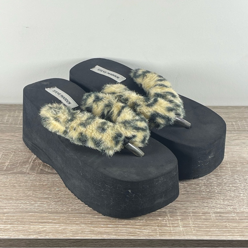 Y2K Steve Madden Leopard Platform Flip Flops Wedge Thong Sandals - Size 8